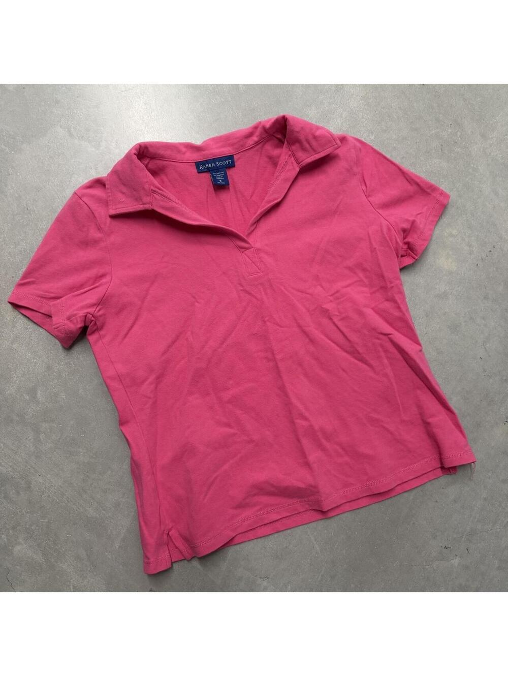 2000s Womens Plain Pink Karen Scott Polo Shirt Sized Small